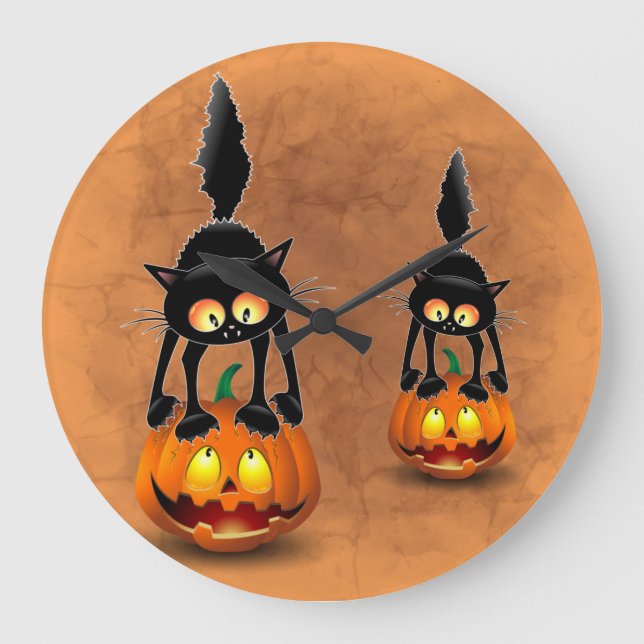 Cat Halloween erschreckter Cartoon auf Kürbiskröte Große Wanduhr (Vorderseite)