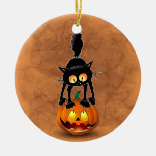 Cat Halloween erschreckter Cartoon auf Kürbiskröte Keramik Ornament