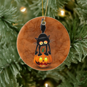 Cat Halloween erschreckter Cartoon auf Kürbiskröte Keramik Ornament