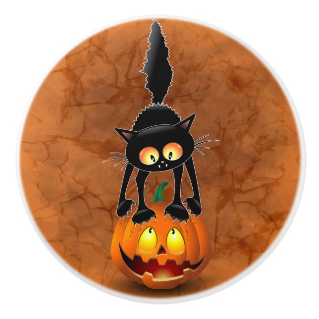 Cat Halloween erschreckter Cartoon auf Kürbiskröte Keramikknauf (Vorderseite)