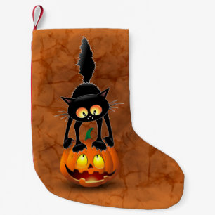 Cat Halloween erschreckter Cartoon auf Kürbiskröte Kleiner Weihnachtsstrumpf