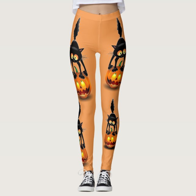 Cat Halloween erschreckter Cartoon auf Kürbiskröte Leggings (Vorderseite)