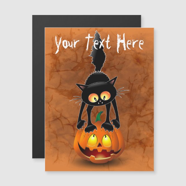 Cat Halloween erschreckter Cartoon auf Kürbiskröte Magnetkarte (Vorne/Hinten)