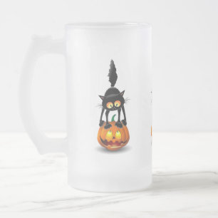 Cat Halloween erschreckter Cartoon auf Kürbiskröte Mattglas Bierglas