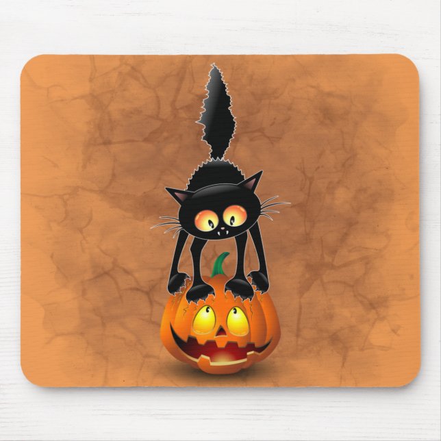 Cat Halloween erschreckter Cartoon auf Kürbiskröte Mousepad (Vorne)