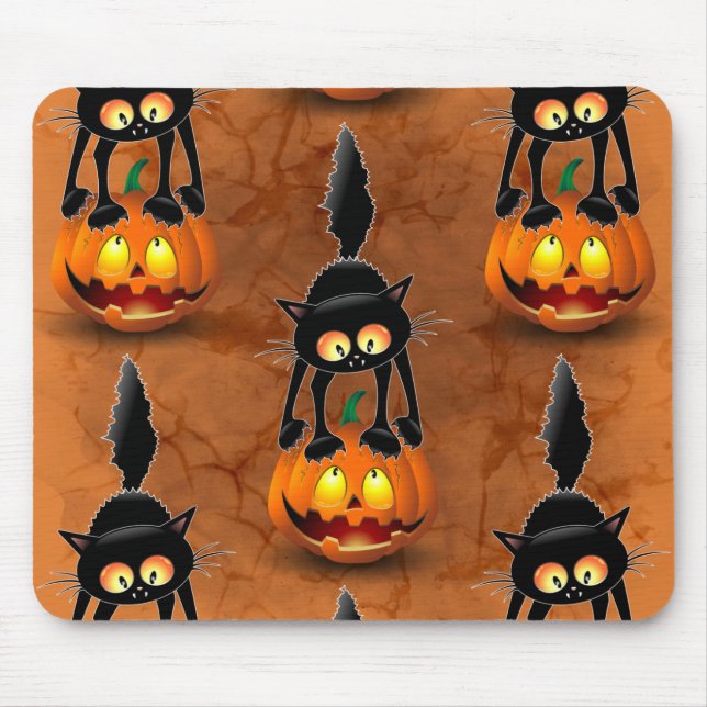 Cat Halloween erschreckter Cartoon auf Kürbiskröte Mousepad (Vorne)
