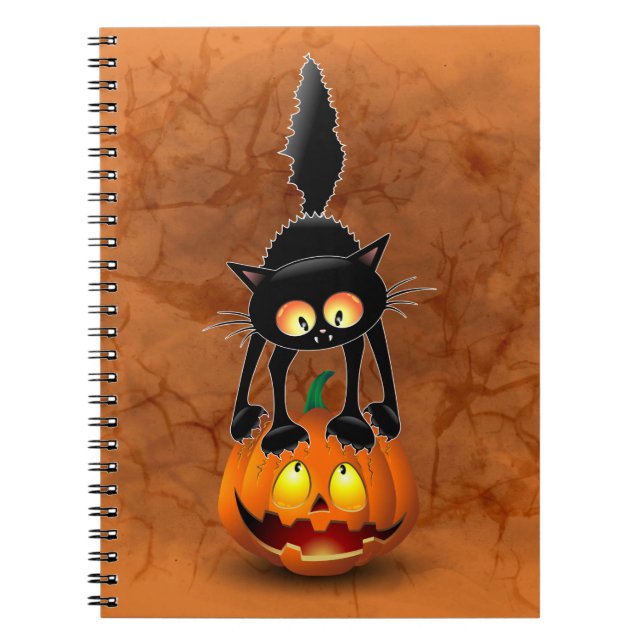 Cat Halloween erschreckter Cartoon auf Kürbiskröte Notizblock (Vorderseite)