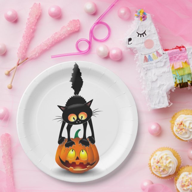 Cat Halloween erschreckter Cartoon auf Kürbiskröte Pappteller (Party)
