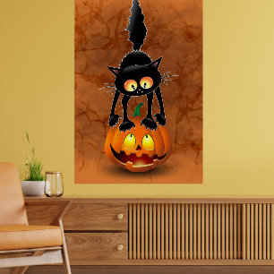 Cat Halloween erschreckter Cartoon auf Kürbiskröte Poster