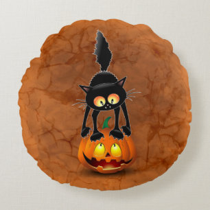 Cat Halloween erschreckter Cartoon auf Kürbiskröte Rundes Kissen