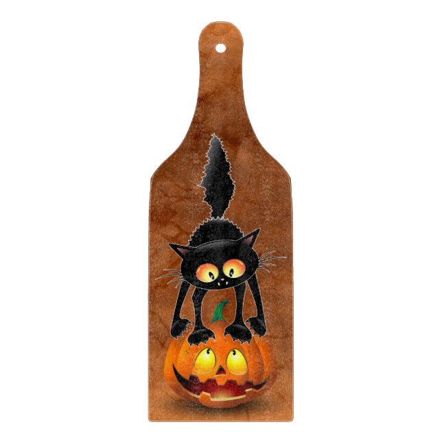 Cat Halloween erschreckter Cartoon auf Kürbiskröte Schneidebrett (Vorderseite)