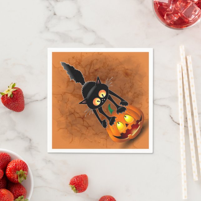 Cat Halloween erschreckter Cartoon auf Kürbiskröte Serviette (Beispiel)