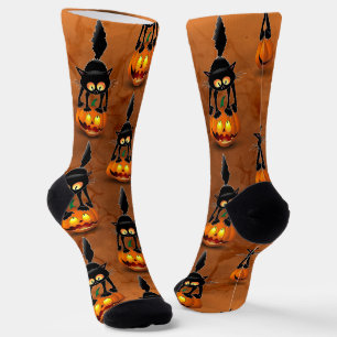 Cat Halloween erschreckter Cartoon auf Kürbiskröte Socken
