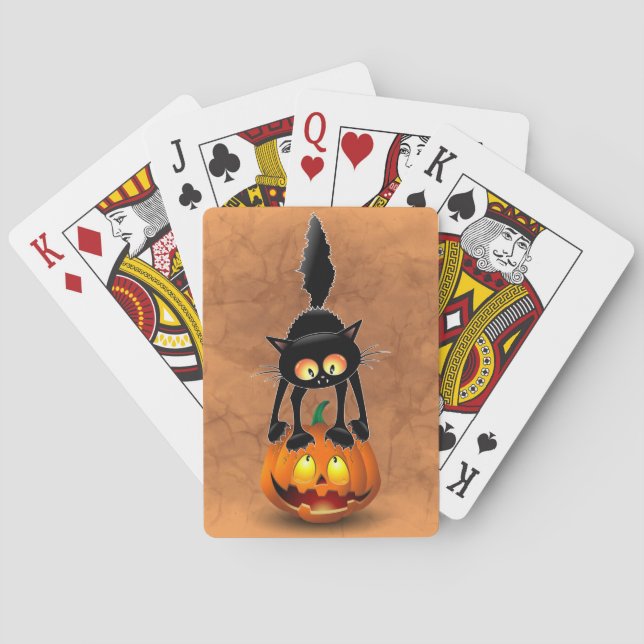 Cat Halloween erschreckter Cartoon auf Kürbiskröte Spielkarten (Rückseite)
