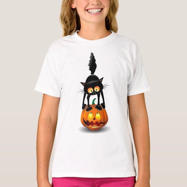 Cat Halloween erschreckter Cartoon auf Kürbiskröte T-Shirt (Vorderseite)
