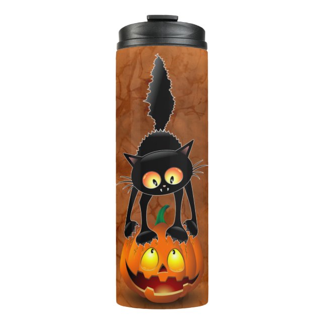 Cat Halloween erschreckter Cartoon auf Kürbiskröte Thermosbecher (Vorderseite)