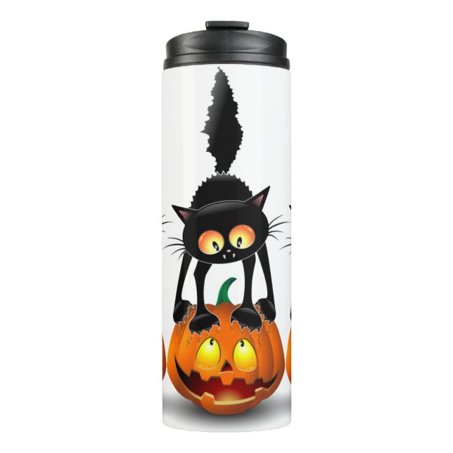 Cat Halloween erschreckter Cartoon auf Kürbiskröte Thermosbecher (Vorderseite)