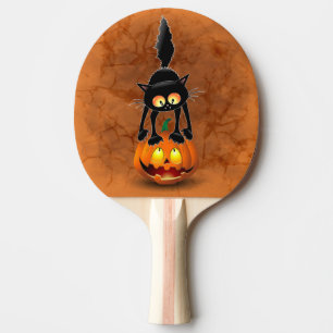Cat Halloween erschreckter Cartoon auf Kürbiskröte Tischtennis Schläger
