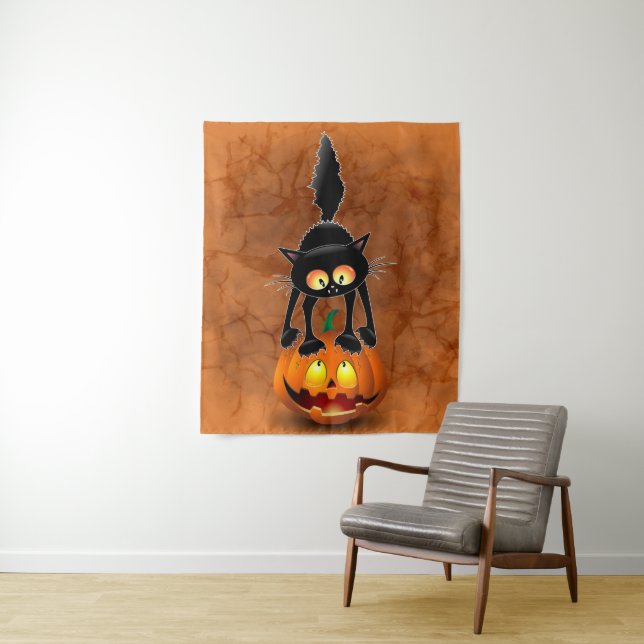 Cat Halloween erschreckter Cartoon auf Kürbiskröte Wandteppich (Beispiel)