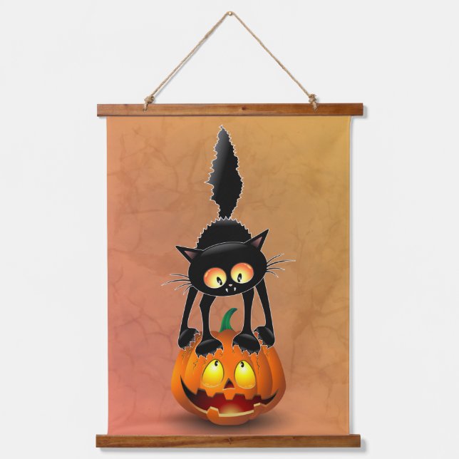Cat Halloween erschreckter Cartoon auf Kürbiskröte Wandteppich Mit Holzrahmen (Vorderseite)