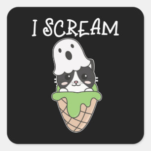 Cat Halloween Ghost I Schrei Eiscreme Puff Quadratischer Aufkleber