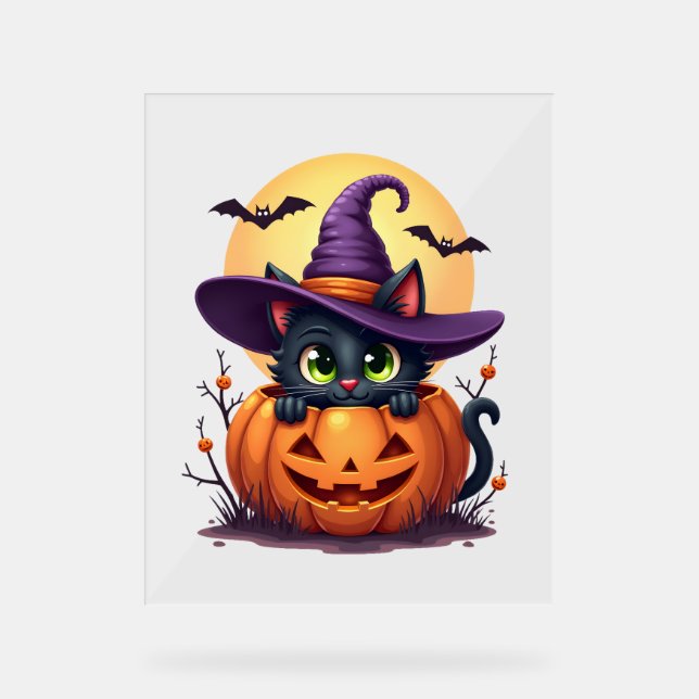 Cat Halloween Pumpkin Black Cat Acrylschild (Vorderseite)