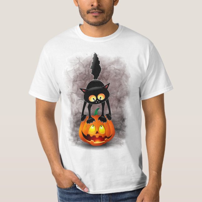 Cat Halloween Scared Cartoon Character stehend T-Shirt (Vorderseite)
