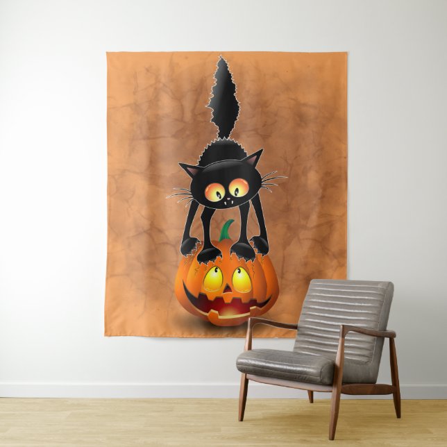 Cat Halloween Scared Cartoon Character stehend Wandteppich (Beispiel)