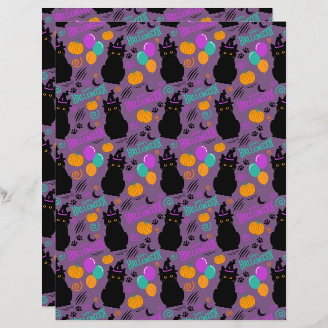 Cat Halloween Scrapbook Paper Lila (Vorne/Hinten)