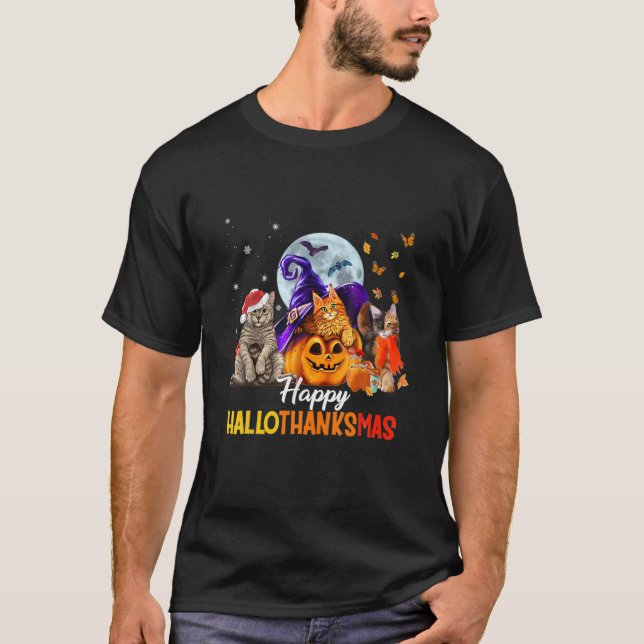 Cat Halloween und frohes Weihnachtsfest HalloDanke T-Shirt (Vorderseite)