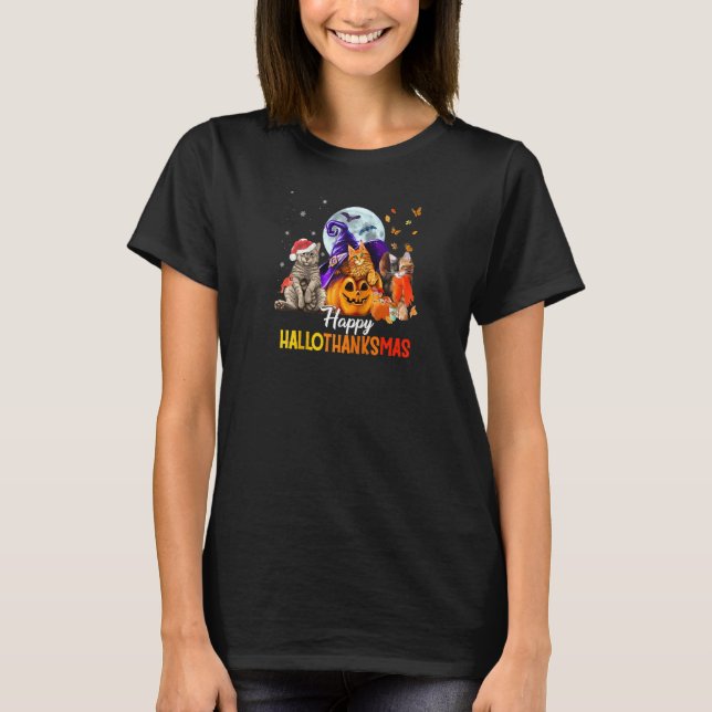 Cat Halloween und frohes Weihnachtsfest HalloDanke T-Shirt (Vorderseite)
