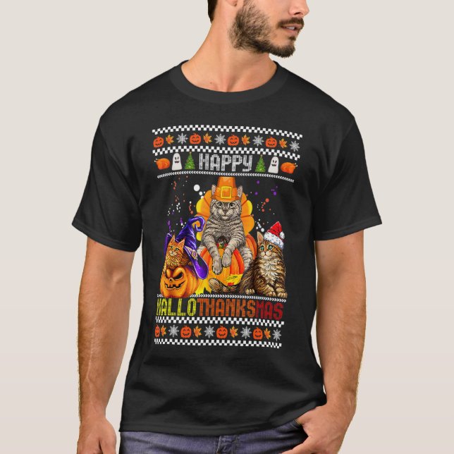 Cat Happy Hallothanksmas Halloween Erntedank Ch T-Shirt (Vorderseite)