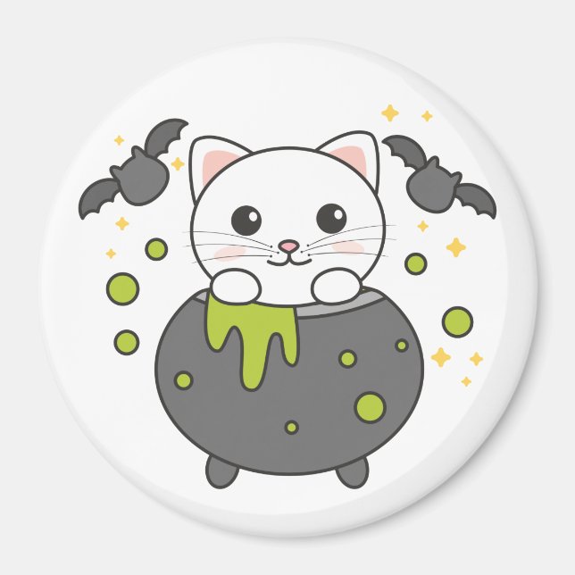 Cat Happy Halloween Cauldron Bat Magnet (Vorne)