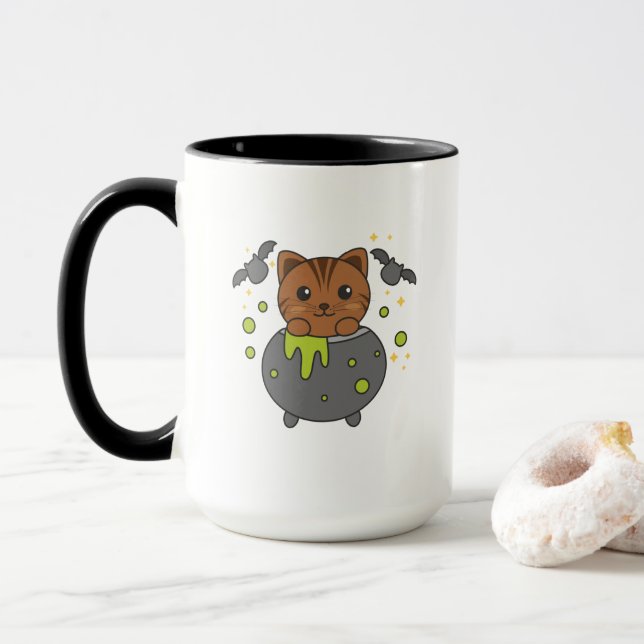 Cat Happy Halloween Cauldron Bat Tasse (Mit Donut)