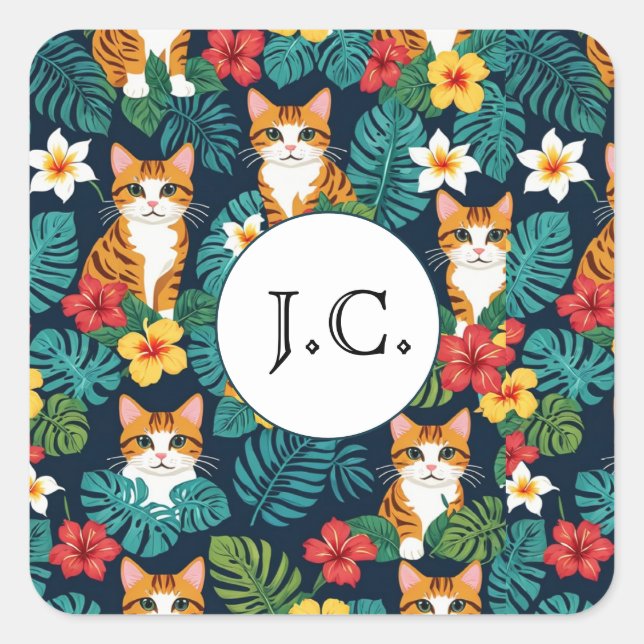Cat Hawaiian Shirt Muster tropische Ingwer Quadratischer Aufkleber (Vorderseite)