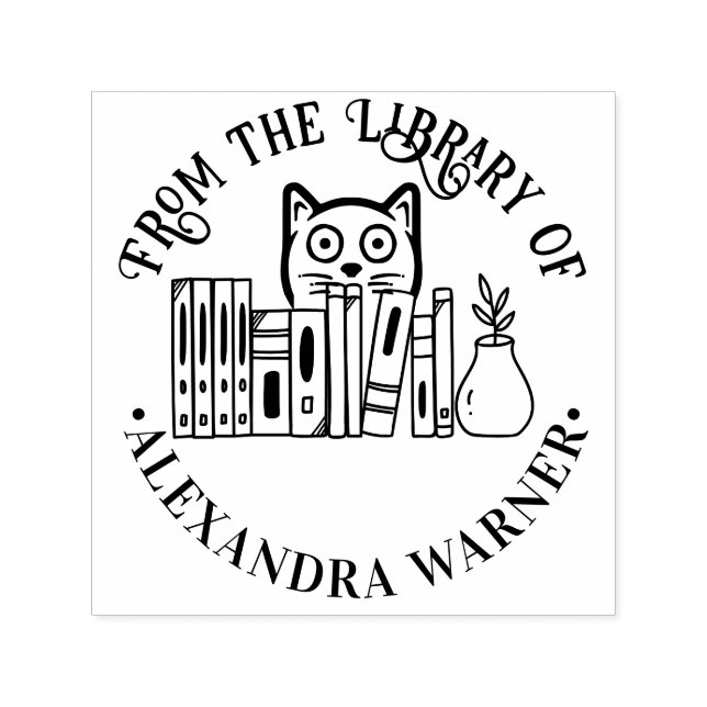 Cat Hiding Behind Books "from the Library" Rnd Permastempel (Design)