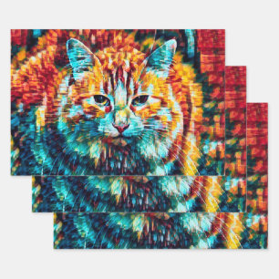 Cat Hippie Colorful Orange Psychedelic Groovy Art Geschenkpapier Set