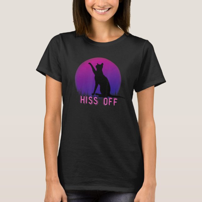 Cat Hiss Off Meow Retro Sunset Style Funny Black C T-Shirt (Vorderseite)