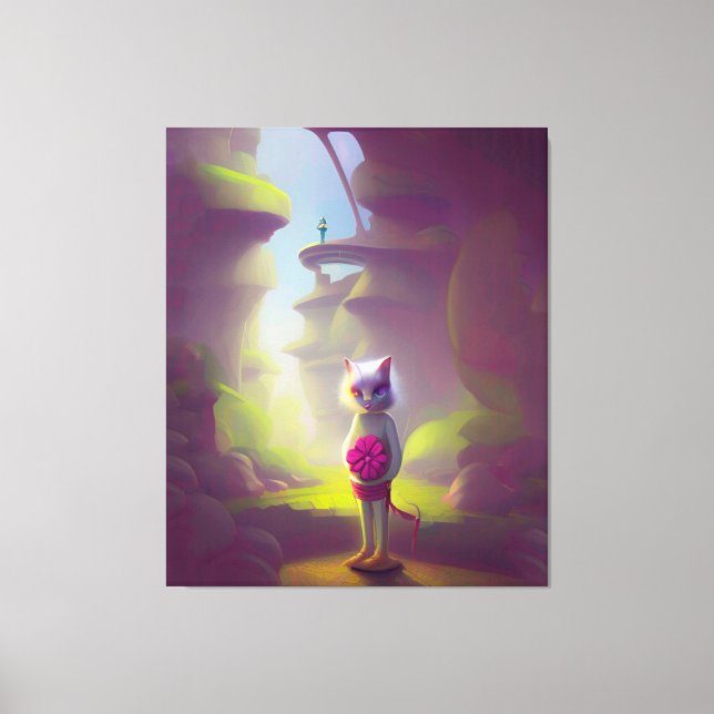 Cat Holding Pink Blume Leinwanddruck (Vorderseite)