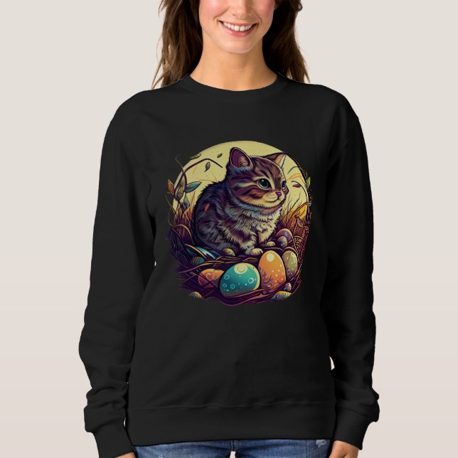 Cat Illustration Easter Graphic with Eggs for Cat Sweatshirt (Vorderseite)