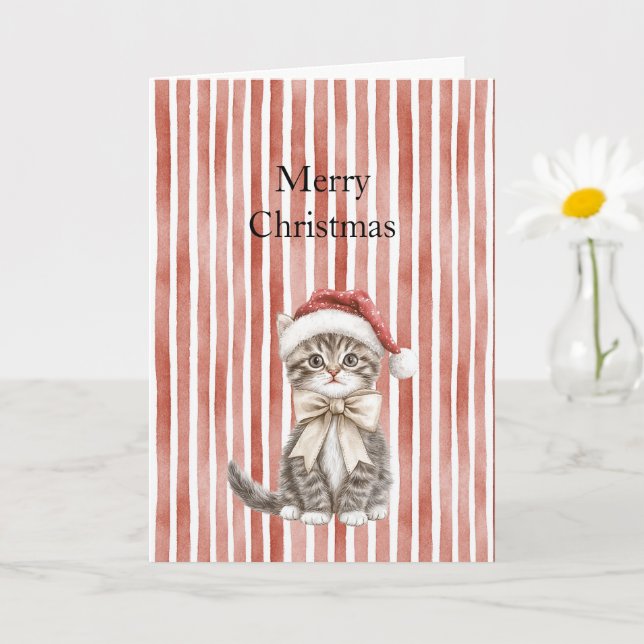 Cat in a hat Red Stripes Christmas  Karte (Kleine Pflanze)