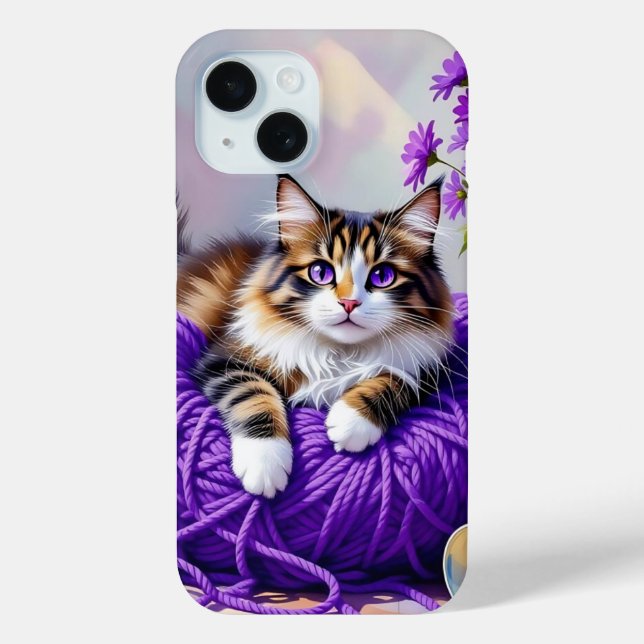 Cat  in Purple Yarn and Flowers   Case-Mate iPhone Hülle (Rückseite)