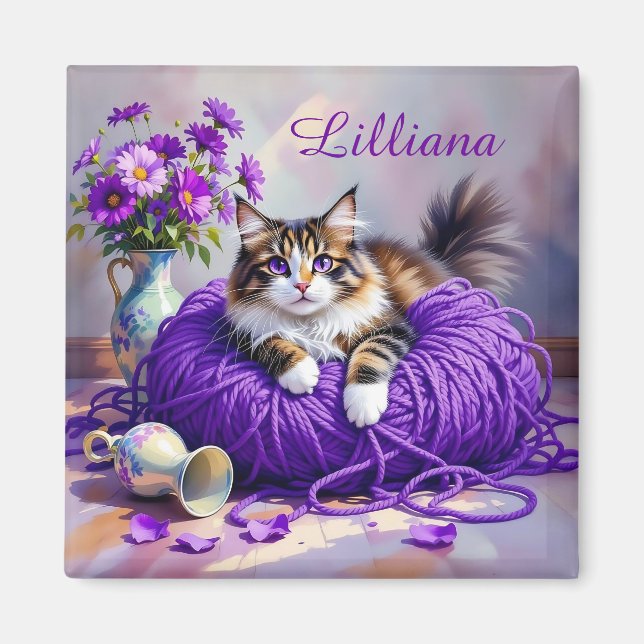Cat  in Purple Yarn and Flowers Personalized Magnet (Vorne)