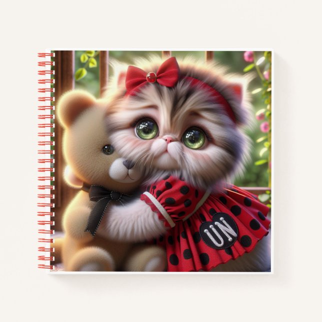 Cat in Red Dress with Teddy Bear   Notizbuch (Vorderseite)