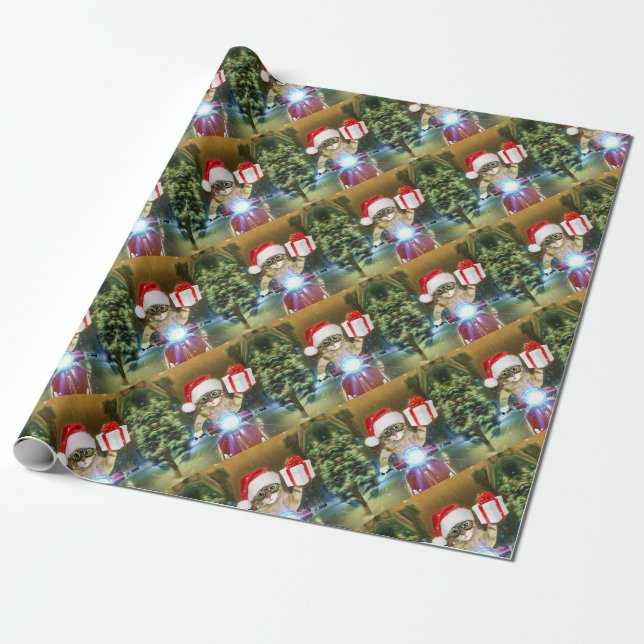 Cat in the Santa Claus hat delivers Christmas gift Geschenkpapier (Ungerollt)