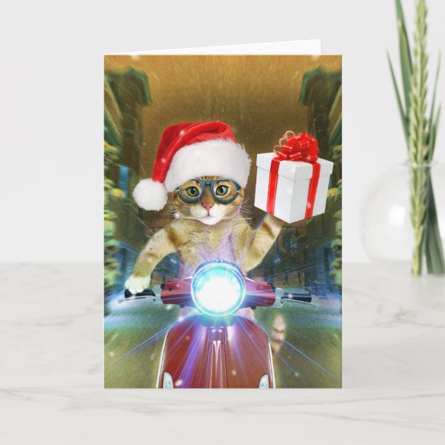 Cat in the Santa Claus hat delivers Christmas gift Karte (Vorderseite)