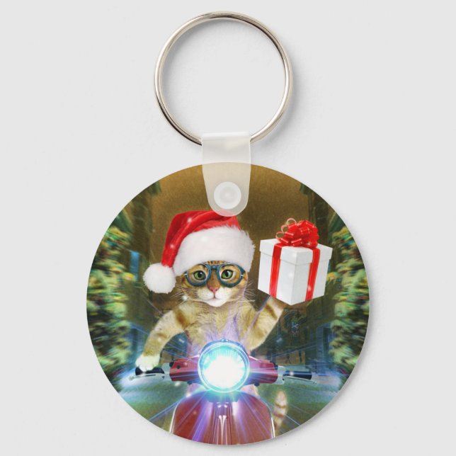 Cat in the Santa Claus hat delivers Christmas gift Schlüsselanhänger (Vorderseite)