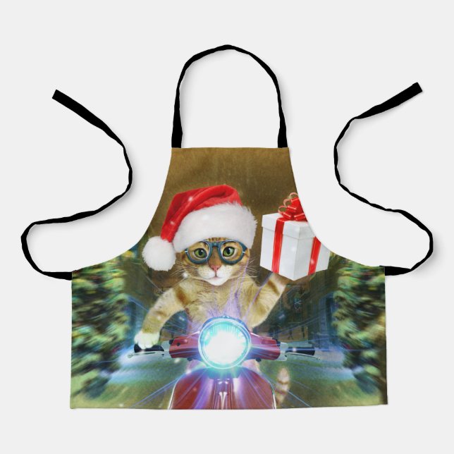 Cat in the Santa Claus hat delivers Christmas gift Schürze (Vorderseite)