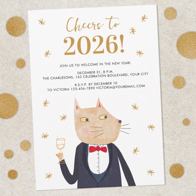 Cat in Tuxedo New Year's Eve Party Invitation (Fun Cat in a Suit Cheers to 2026 New Year's Eve party invitation)