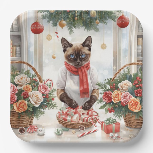 Cat is arranging Christmas Flowers Pappteller (Vorderseite)
